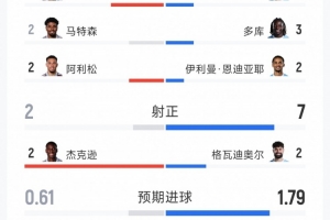 效率更高,维拉2-1曼城数据:射门8-15,射正2-7,得分机会1-4